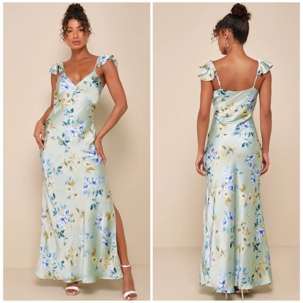Lulus Captivating Grace Sage Green Floral Satin Ruffled Maxi Dress Large NEW NWT